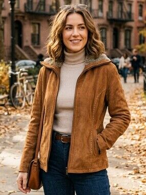 Vintage Edarly Caramel Brown Suede Leather Fur Trim Boho Indie Full Zip Jacket L